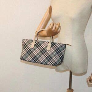 BURBERRY Nova Check Blue Label Hand Bag Nylon Gray Pink Auth